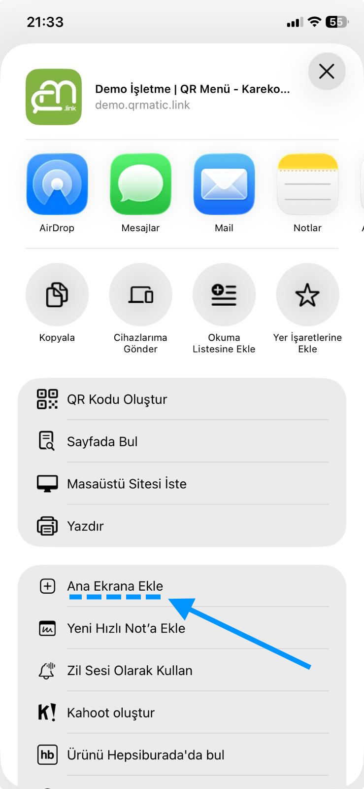 Qr Menüyü Iphone (IOS) Cihazda Ana Ekrana Ekleme